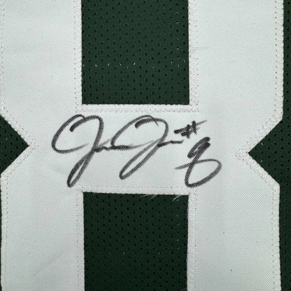 Autographed Josh Jacobs Green Bay Packers custom jersey with black ink signature on white and dark green striped professional sports football uniform, Beckett BAS COA