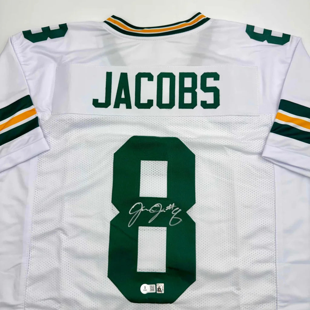 Autographed Josh Jacobs custom Green Bay Packers white jersey back, number 8