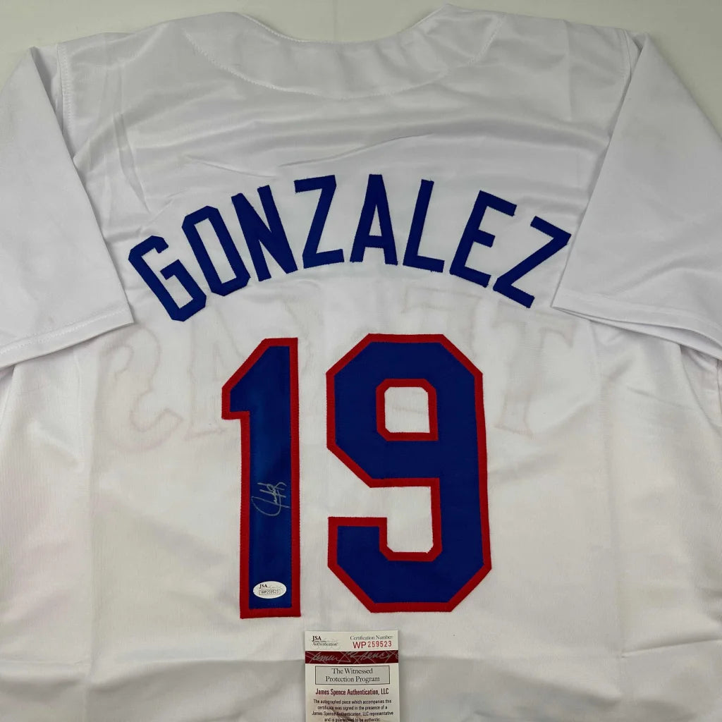 Autographed Juan Gonzalez Texas white custom jersey with blue 19, JSA COA