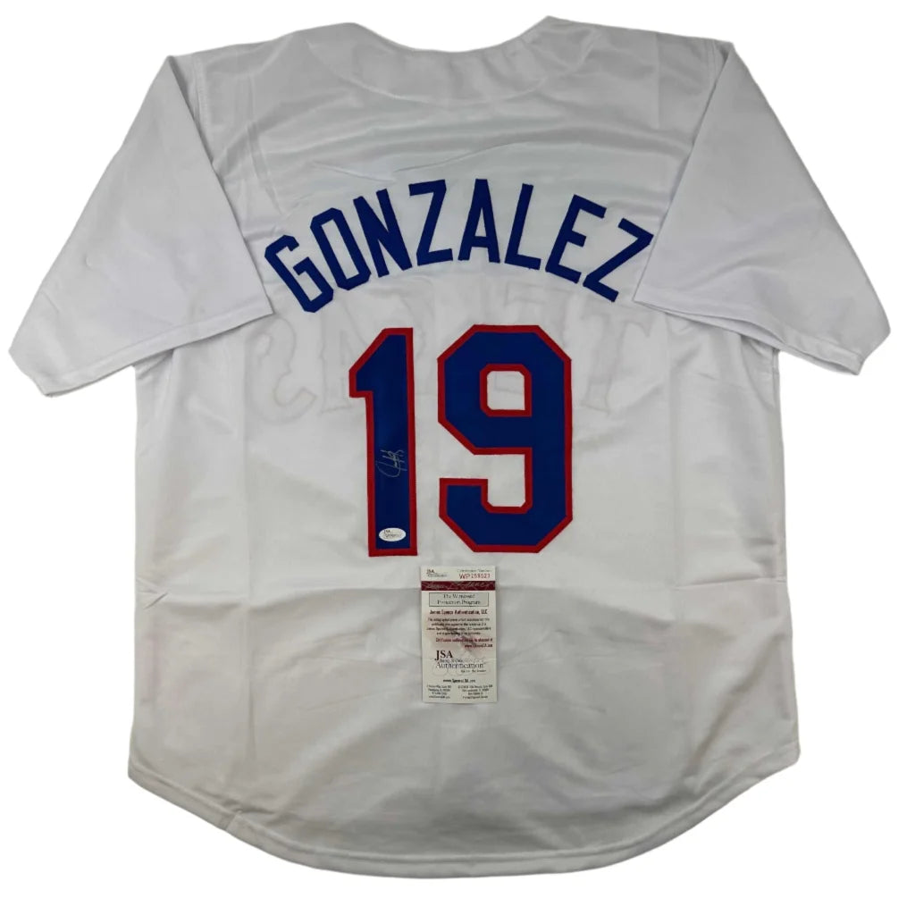 Autographed Juan Gonzalez white custom jersey with Gonzalez blue lettering
