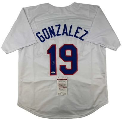 Autographed Juan Gonzalez white custom jersey with Gonzalez blue lettering