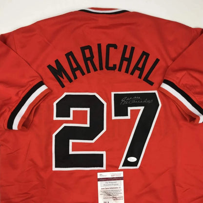 Back of a red autographed juan marichal san francisco baseball custom jersey with black and white lettering number 27