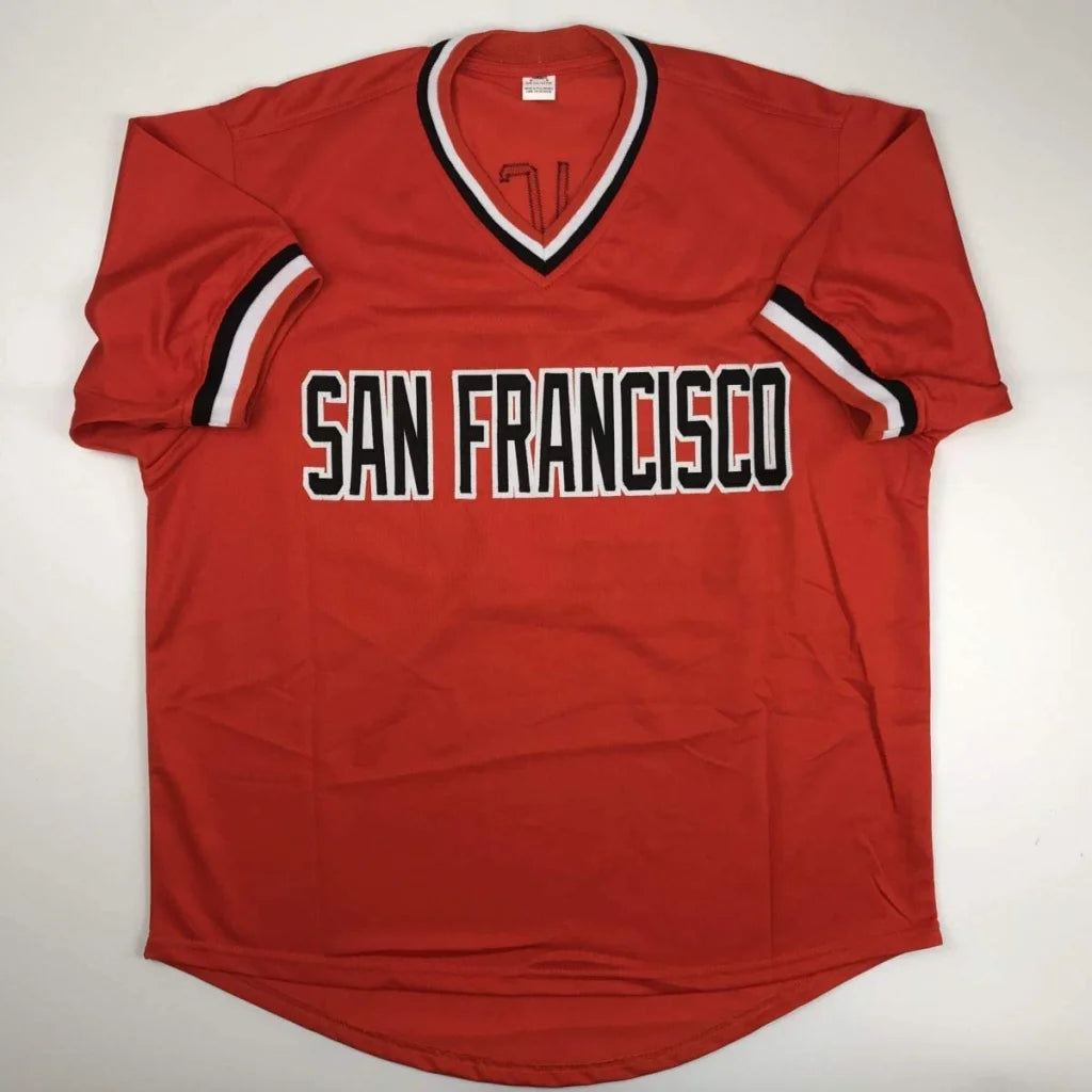 Autographed juan marichal san francisco custom jersey in red with black and white trim from a professional sports league