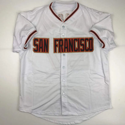White custom baseball jersey with red and black accents from professional sports league