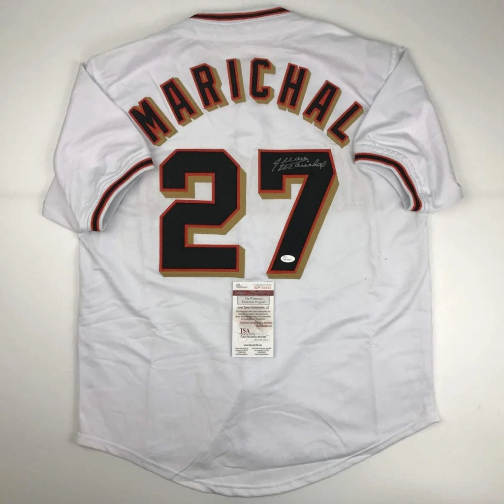 White Juan Marichal custom jersey signed by baseball legend with authentication sticker for sports fans