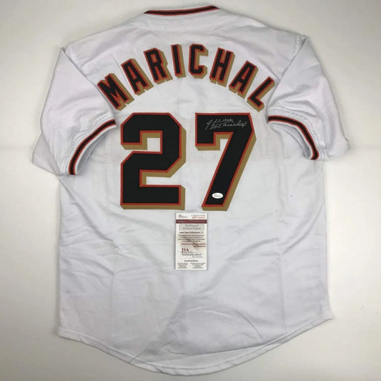 White Juan Marichal custom jersey signed by baseball legend with authentication sticker for sports fans