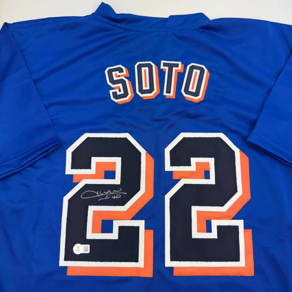 Autographed Juan Soto New York Blue Baseball Jersey Beckett BAS COA | Certified Authentic Signed Memorabilia | vintageantiquesgifts.com
