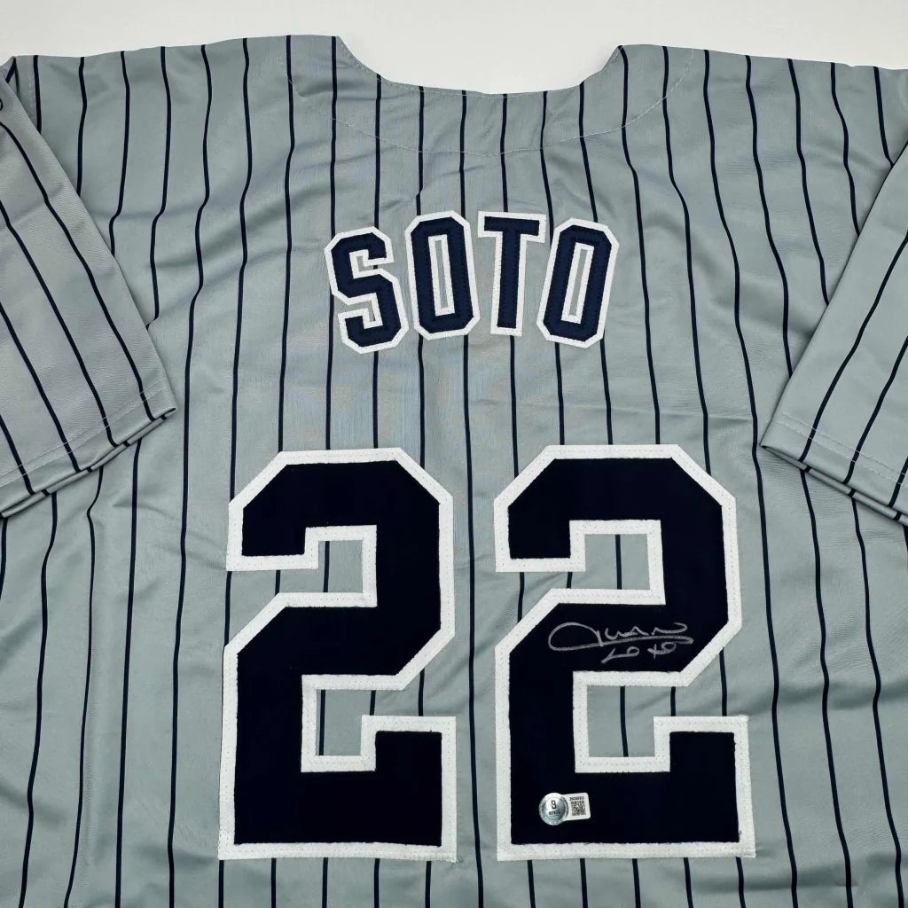Gray pinstriped custom jersey with Soto 22 autograph from professional sports league