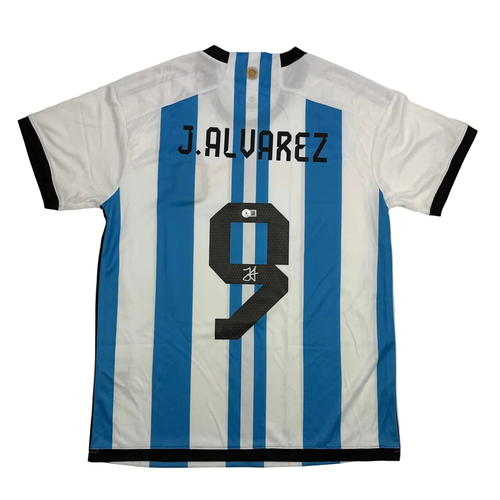 Autographed/Signed Julian Alvarez Argentina Blue/White Soccer World Cup Jersey Beckett BAS COA