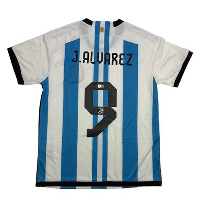 Autographed/Signed Julian Alvarez Argentina Blue/White Soccer World Cup Jersey Beckett BAS COA