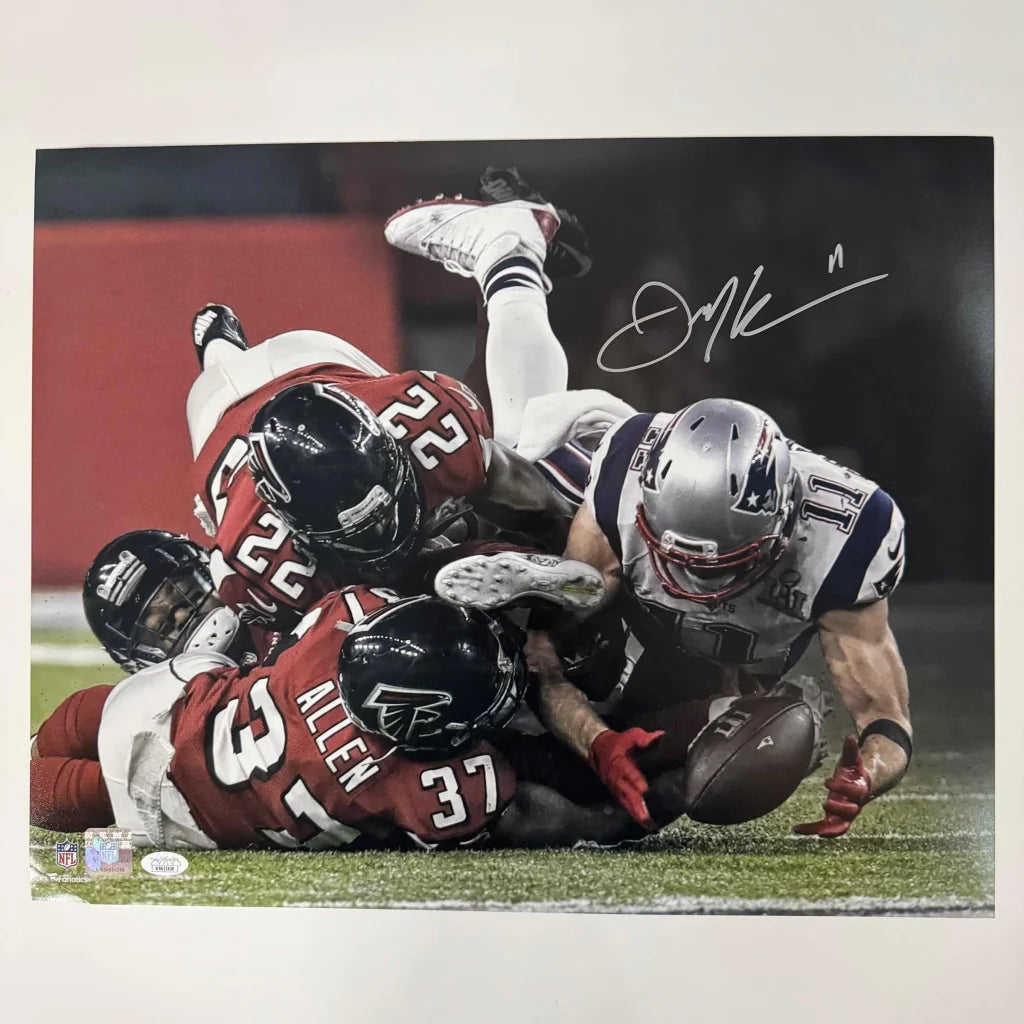 Autographed Julian Edelman Patriots photo tackling in silver helmet