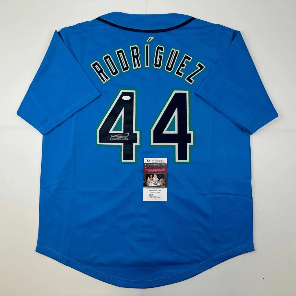Autographed Julio Rodriguez custom jersey in light blue, MLB pro sports league