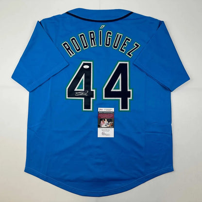 Autographed Julio Rodriguez custom jersey in light blue, MLB pro sports league
