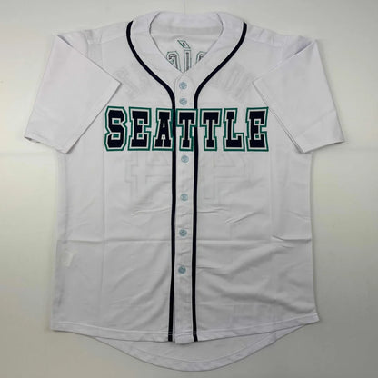 White custom jersey with SEATTLE in black and green for professional sports league gear