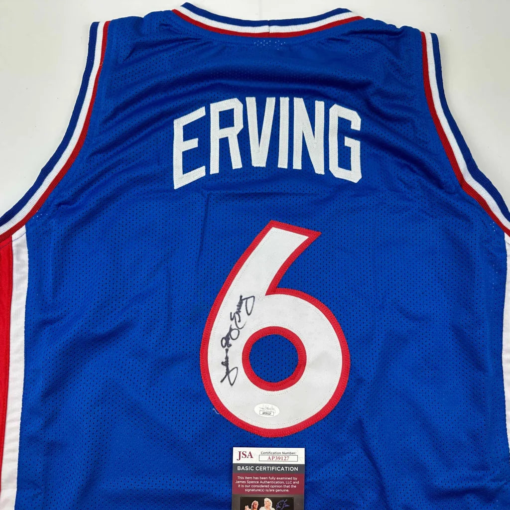 Autographed Julius Erving Dr. J blue custom jersey, number 6, JSA COA