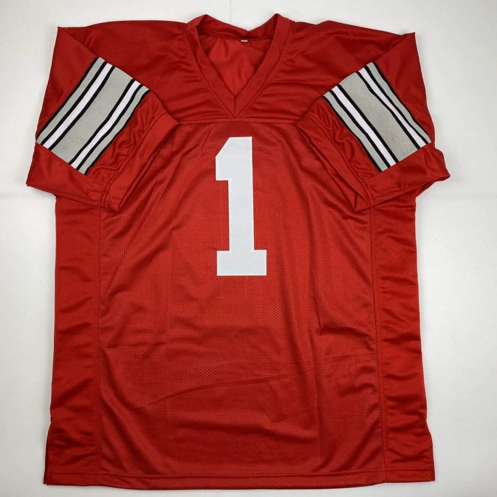 Autographed Justin Fields ohio state red custom jersey with white number one and silver sleeve stripes for professional sports league fans
