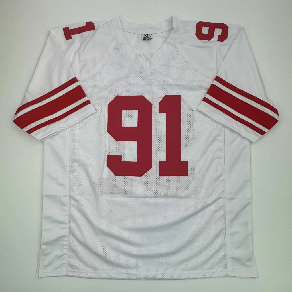 Justin Tuck York White custom jersey with red number 91 and sleeve stripes