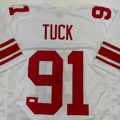 Justin Tuck York White custom jersey with autograph featuring red lettering and number 91