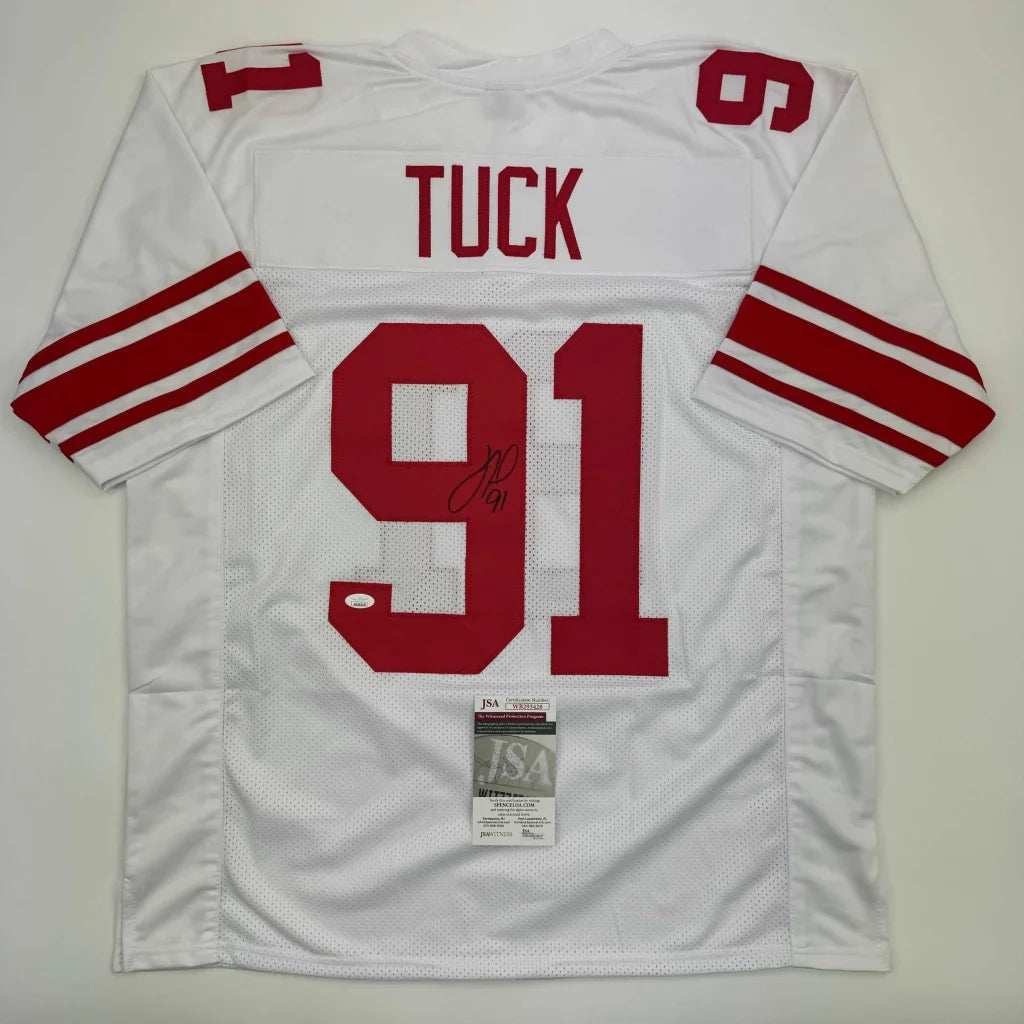 Autographed Justin Tuck York White custom jersey with number 91 and TUCK on back