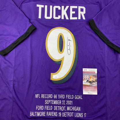 Autographed Justin Tucker purple Baltimore Ravens custom jersey with number 9
