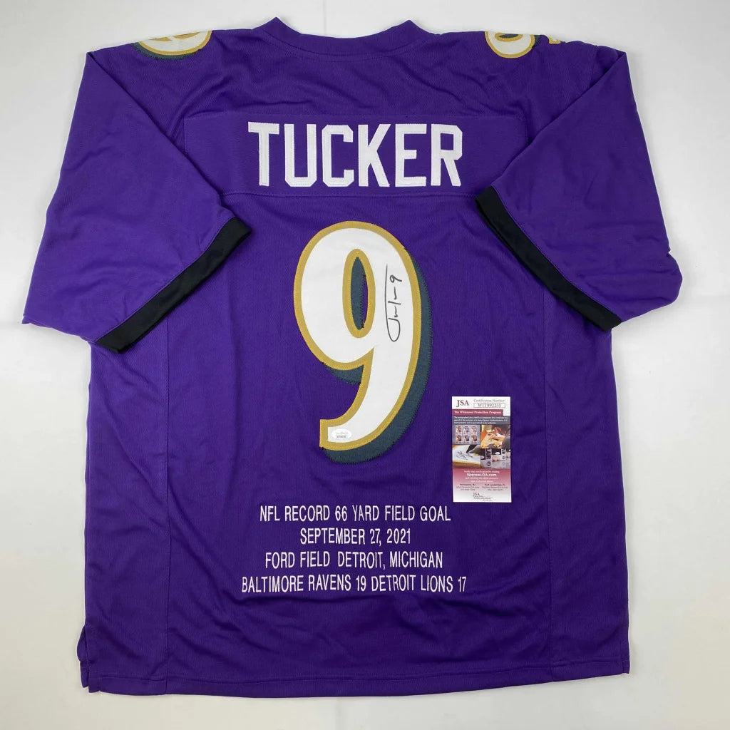 Autographed Justin Tucker purple Baltimore Ravens custom jersey, number 9, JSA COA