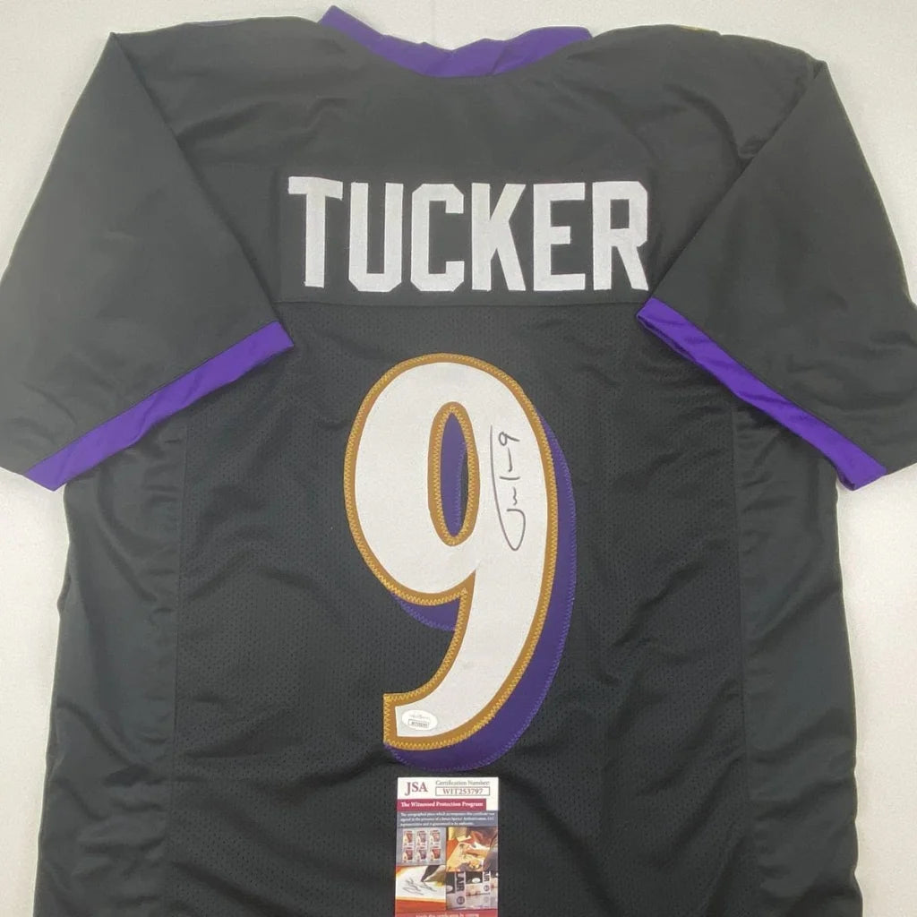 Autographed Justin Tucker black Baltimore Ravens custom jersey with purple trim