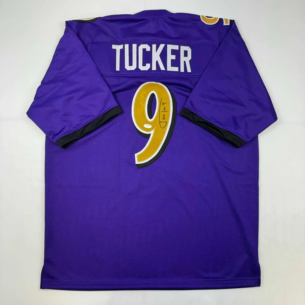 Autographed Justin Tucker purple Baltimore Ravens custom jersey with gold 9