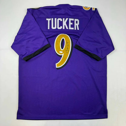 Autographed Justin Tucker purple Baltimore Ravens custom jersey with gold 9