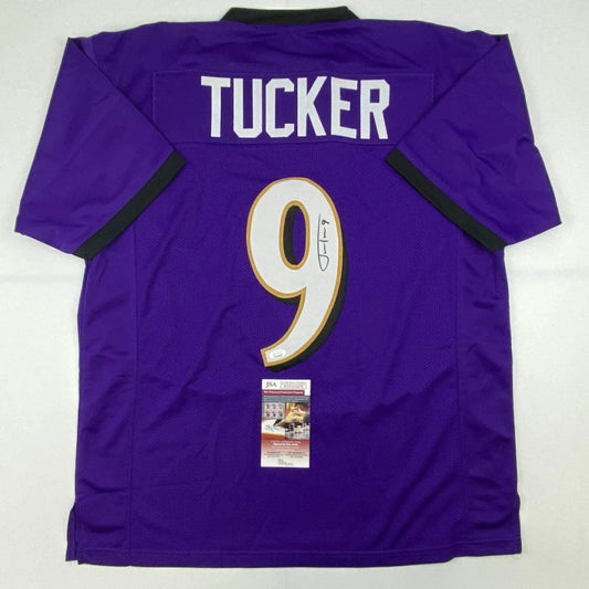 Autographed Justin Tucker Baltimore Purple Football Jersey JSA COA | Hall of Fame Sports Memorabilia | vintageantiquesgifts.com