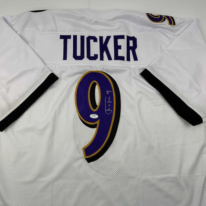 Autographed Justin Tucker Baltimore White Football Jersey JSA COA | Certified Authentic Signed Memorabilia | vintageantiquesgifts.com