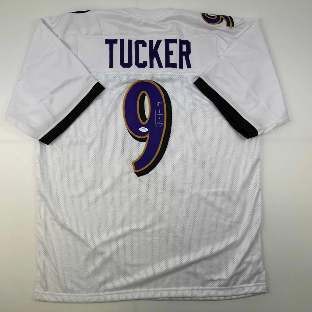 Autographed Justin Tucker Baltimore White Football Jersey JSA COA | Hall of Fame Sports Memorabilia | vintageantiquesgifts.com