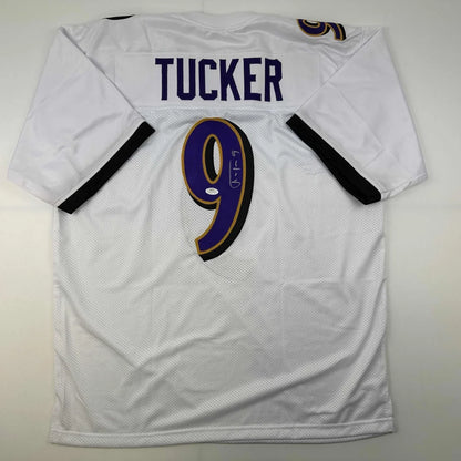 Autographed Justin Tucker Baltimore White Football Jersey JSA COA | Hall of Fame Sports Memorabilia | vintageantiquesgifts.com