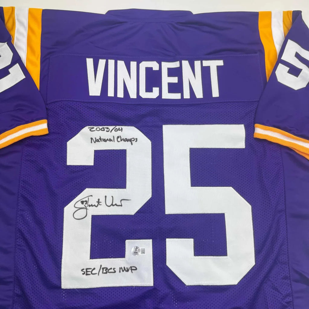 Autographed Justin Vincent LSU Purple College Football Jersey Beckett BAS COA | Certified Authentic Signed Memorabilia | vintageantiquesgifts.com