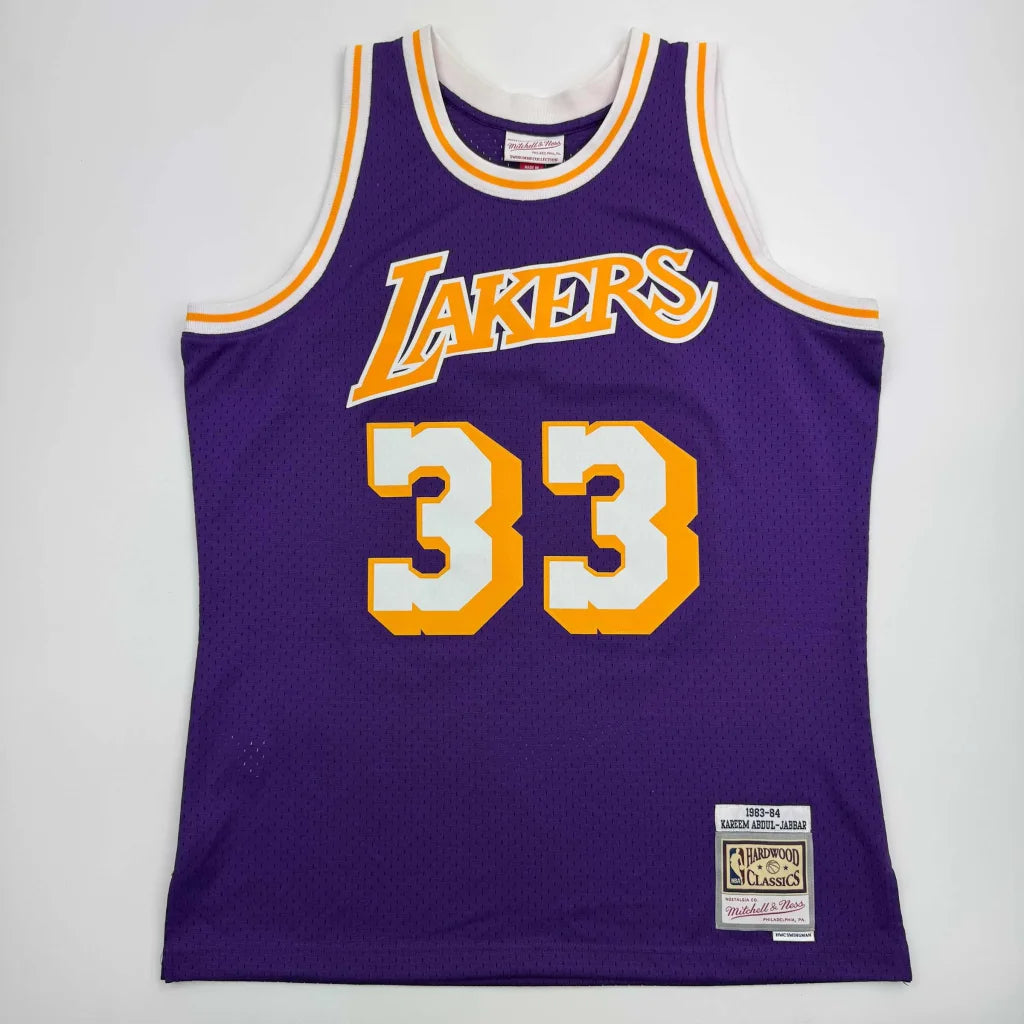 Purple and gold Lakers Kareem Abdul Jabbar Mitchell Ness purple jersey with third-party authentication