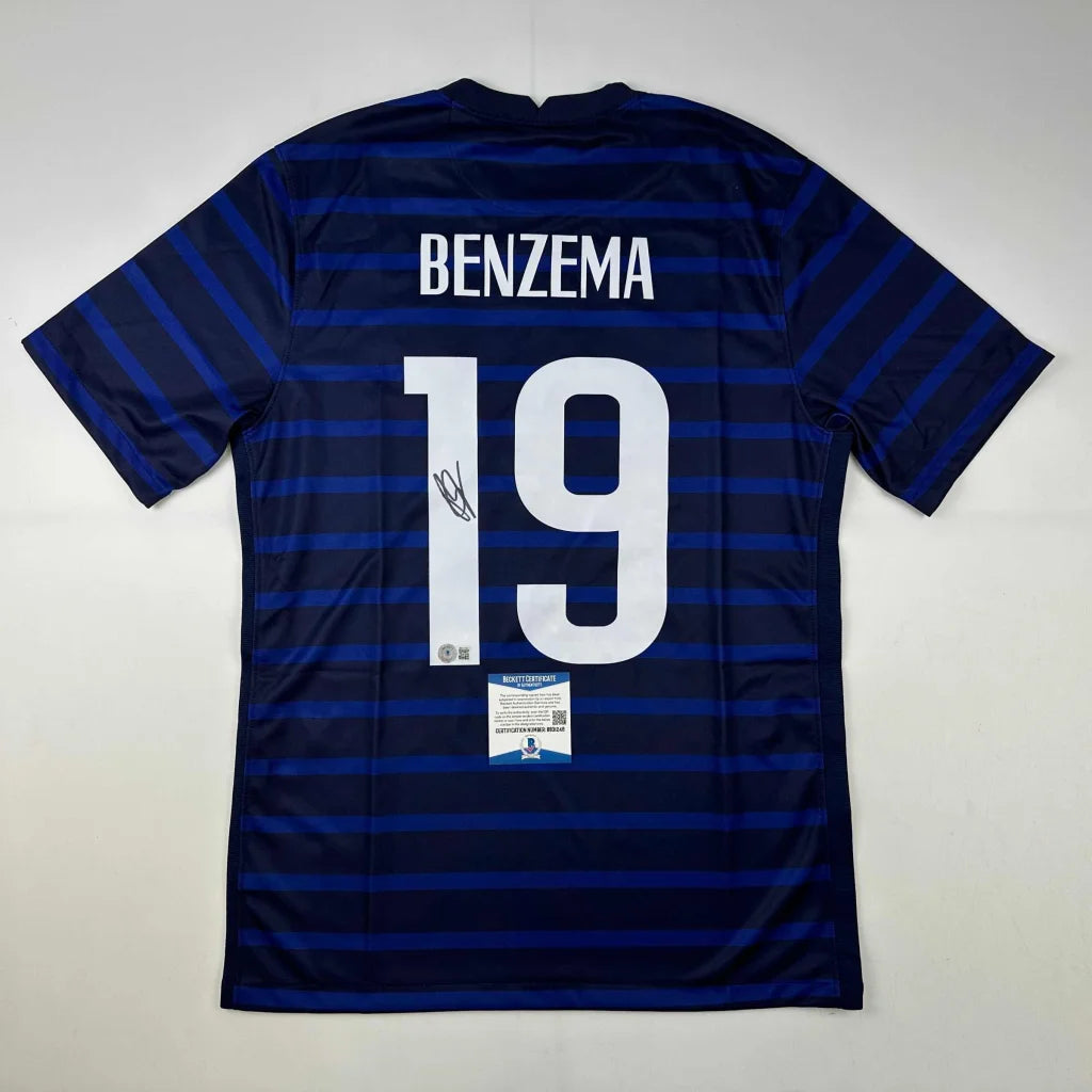 Autographed Karim Benzema France French National Team Blue Soccer Jersey Beckett BAS COA | Hall of Fame Sports Memorabilia | vintageantiquesgifts.com