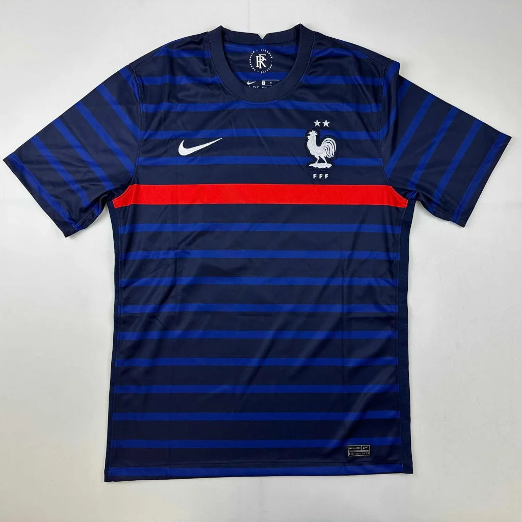 Navy blue France national football team jersey with red band, perfect for professional sports fans
