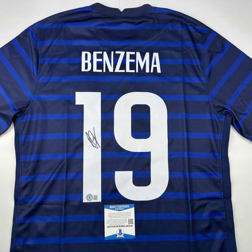 Dark blue Benzema custom jersey with autograph, perfect for pro sports fans and collectors