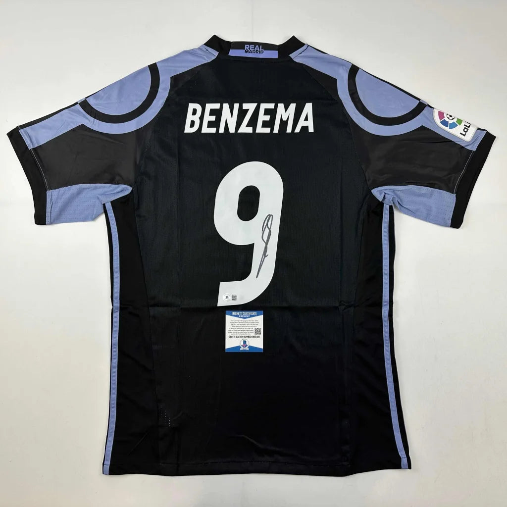 Black and light blue custom soccer jersey with Benzema 9 for professional sports league