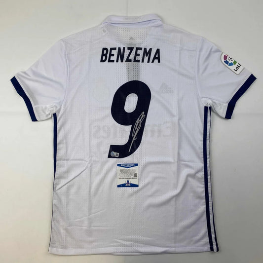 Autographed Karim Benzema Real Madrid 2016-17 White Soccer Jersey Beckett BAS COA | Hall of Fame Sports Memorabilia | vintageantiquesgifts.com