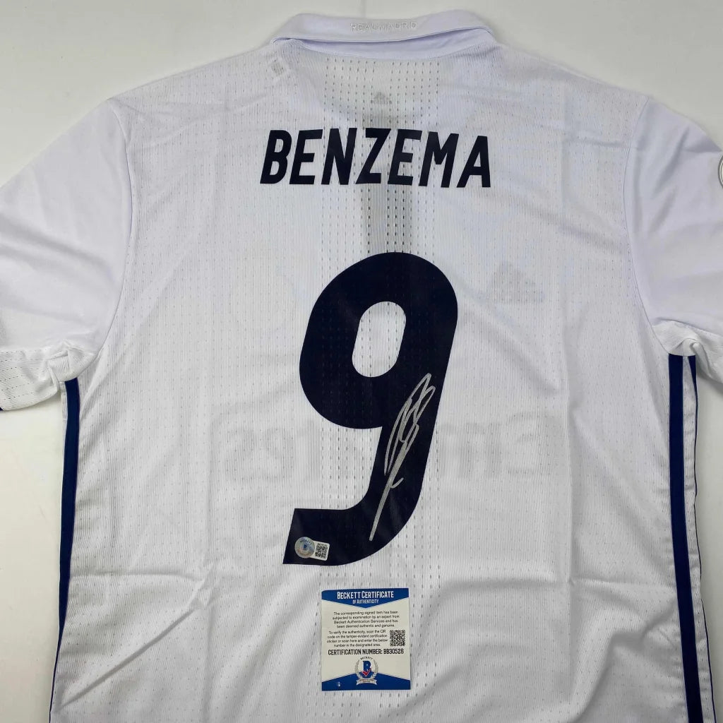 Autographed Karim Benzema Real Madrid 2016-17 White Soccer Jersey Beckett BAS COA | Certified Authentic Signed Memorabilia | vintageantiquesgifts.com