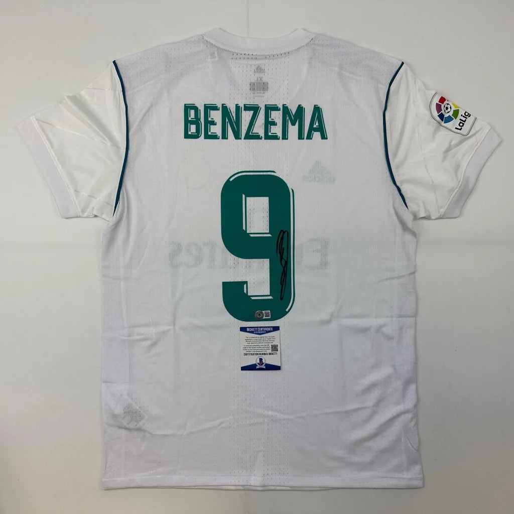 Autographed Karim Benzema Real Madrid 2017-18 White Soccer Jersey Beckett BAS COA | Hall of Fame Sports Memorabilia | vintageantiquesgifts.com