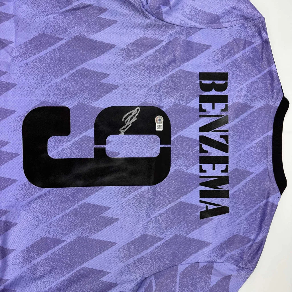 Autographed Karim Benzema Real Madrid 2022-23 Purple Soccer Jersey Beckett BAS COA | Certified Authentic Signed Memorabilia | vintageantiquesgifts.com