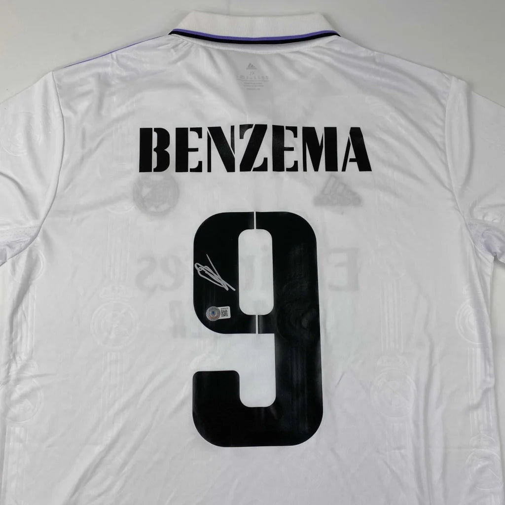 Autographed Karim Benzema Real Madrid 2022-23 White Soccer Jersey Beckett BAS COA | Certified Authentic Signed Memorabilia | vintageantiquesgifts.com