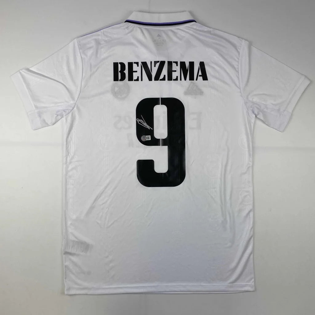 Autographed Karim Benzema Real Madrid 2022-23 White Soccer Jersey Beckett BAS COA | Hall of Fame Sports Memorabilia | vintageantiquesgifts.com