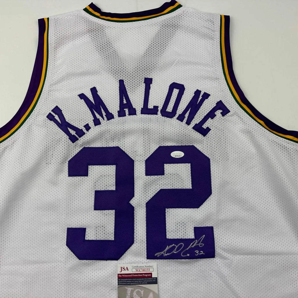 White custom jersey with K Malone 32 autograph, perfect for professional sports fans