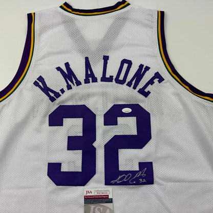 White custom jersey with K Malone 32 autograph, perfect for professional sports fans