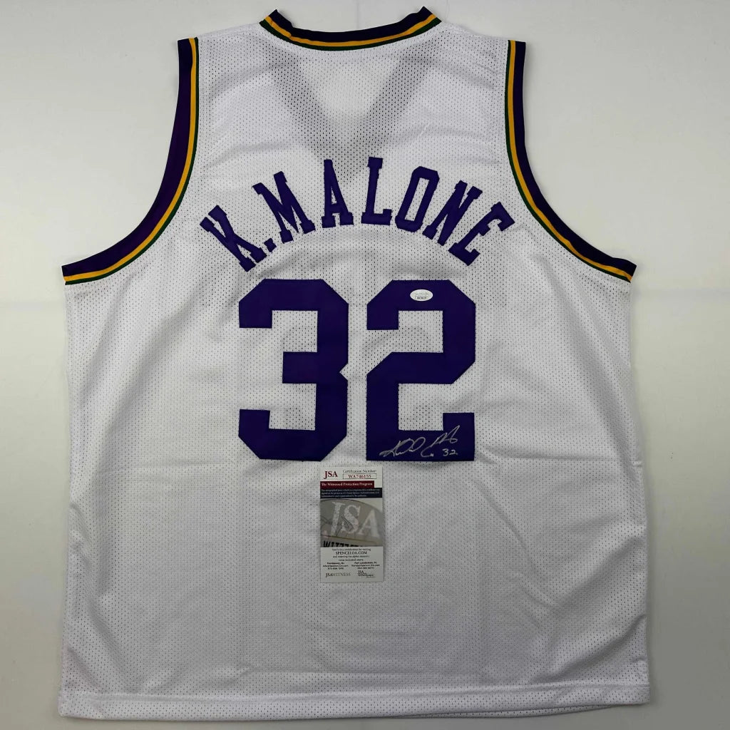 Autographed Karl Malone Utah white retro custom jersey with k. JSA COA