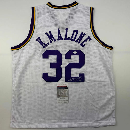 Autographed Karl Malone Utah White Retro Basketball Jersey JSA COA | Hall of Fame Sports Memorabilia | vintageantiquesgifts.com