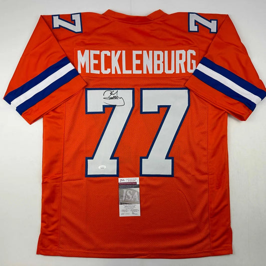 Orange denver broncos custom jersey number 77 signed by karl mecklenburg with jsa coa from a professional sports league