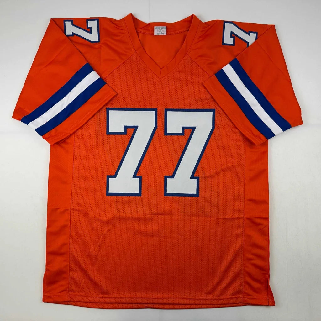 Autographed karl mecklenburg denver orange football custom jersey with white and blue 77 numerals for professional sports league